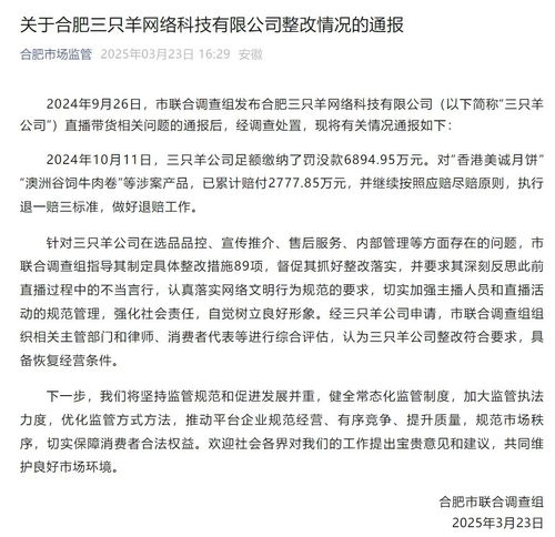 通报三只羊整改情况
